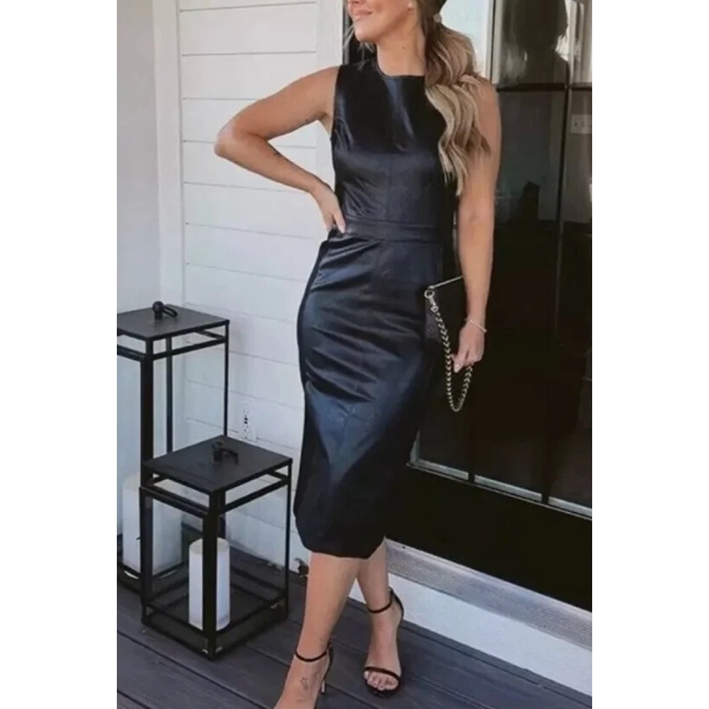 NWT Spanx Faux Leather Ponte Combo Fitted Sheath Dress‎ Black Sz M